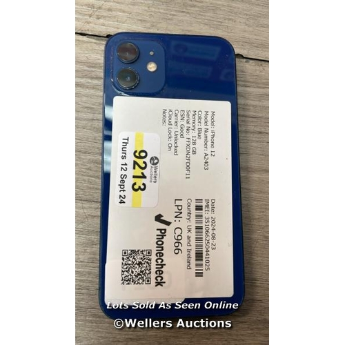 9213 - APPLE IPHONE 12 / A2403 / 128GB / I-CLOUD LOCKED / SERIAL NO. FFXDN2FD0F11 / SEE IMAGES