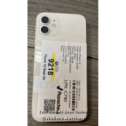 9218 - APPLE IPHONE 12 / A2403 / 128GB / I-CLOUD LOCKED / SERIAL NO. DX3GL9NY0F0Y / SEE IMAGES