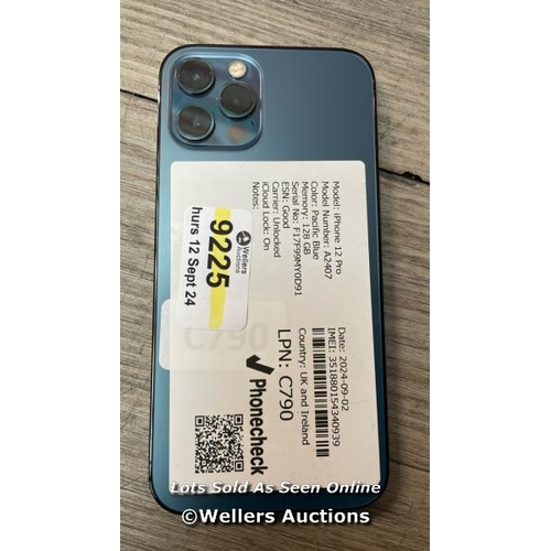 9225 - APPLE IPHONE 12 PRO / A2407 / 128GB / I-CLOUD LOCKED / SERIAL NO. F17F99MY0D91 / SEE IMAGES