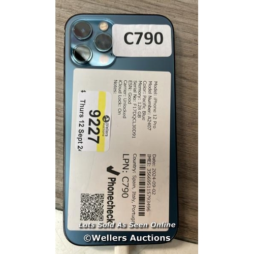 9227 - APPLE IPHONE 12 PRO / A2407 / 128GB / I-CLOUD LOCKED / SERIAL NO. F17DQCL30D91 / SEE IMAGES