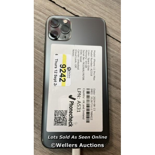 9242 - APPLE IPHONE 11 PRO MAX / A2218 / 64GB / I-CLOUD UNLOCKED / SERIAL NO. FK1D6ALYN70R / SEE IMAGES / S... 