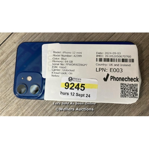 9245 - APPLE IPHONE 12 MINI / A2399 / 64GB / I-CLOUD LOCKED / SERIAL NO. FFWDR9ZZ0GPT / SEE IMAGES