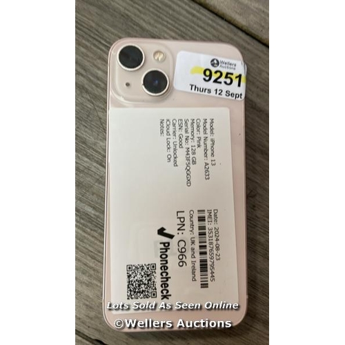 9251 - APPLE IPHONE 13 / A2633 / 128GB / I-CLOUD LOCKED / SERIAL NO. M43F5QGGXD / SEE IMAGES