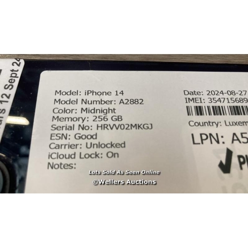 9272 - APPLE IPHONE 14 / A2882 / 256GB / I-CLOUD LOCKED / SERIAL NO. HRVV02MKGJ / SEE IMAGES