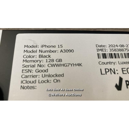 9274 - APPLE IPHONE 15 / A3090 / 128GB / I-CLOUD LOCKED / SERIAL NO. CWWHG7YH4K / SEE IMAGES