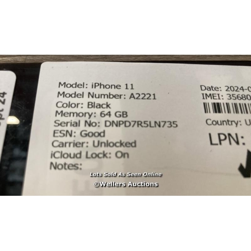 9275 - APPLE IPHONE 11 / A2221 / 64GB / I-CLOUD LOCKED / SERIAL NO. DNPD7R5LN735 / SEE IMAGES