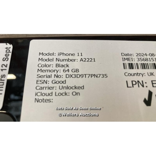 9276 - APPLE IPHONE 11 / A2221 / 64GB / I-CLOUD LOCKED / SERIAL NO. DX3D9T7PN735 / SEE IMAGES