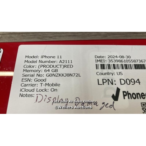 9277 - APPLE IPHONE 11 / A2111 / 64GB / I-CLOUD LOCKED / SERIAL NO. G0NZKKJ8N72L / SEE IMAGES