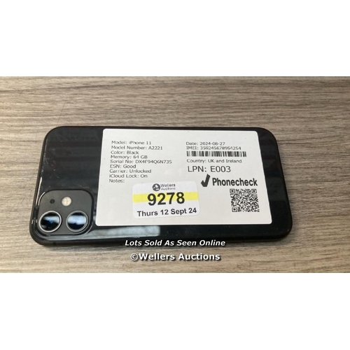 9278 - APPLE IPHONE 11 / A2221 / 64GB / I-CLOUD LOCKED / SERIAL NO. DX4F94Q6N735 / SEE IMAGES