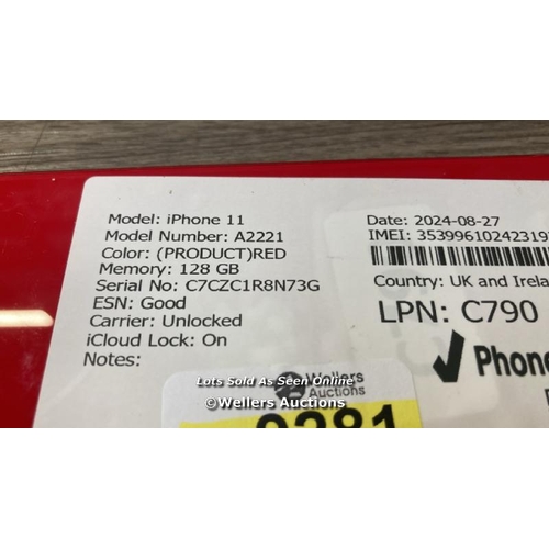 9281 - APPLE IPHONE 11 / A2221 / 128GB / I-CLOUD LOCKED / SERIAL NO. C7CZC1R8N73G / SEE IMAGES