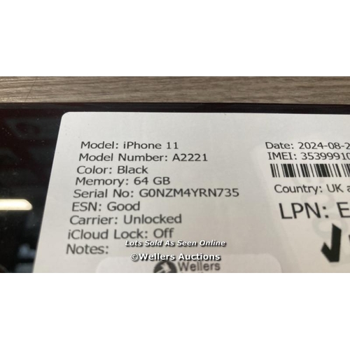 9283 - APPLE IPHONE 11 / A2221 / 64GB / I-CLOUD UNLOCKED / SERIAL NO. G0NZM4YRN735 / SEE IMAGES