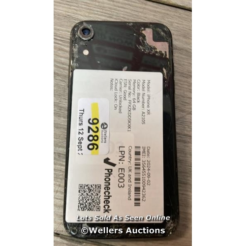 9286 - APPLE IPHONE XR / A2105 / 64GB / I-CLOUD LOCKED / SERIAL NO. FFXZKDD5KXK1 / SEE IMAGES / DAMAGED REA... 