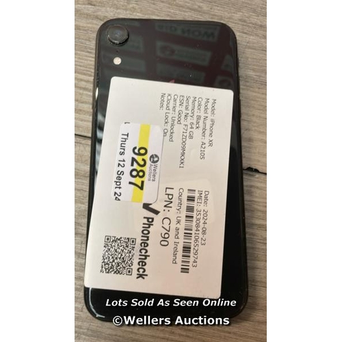 9287 - APPLE IPHONE XR / A2105 / 64GB / I-CLOUD LOCKED / SERIAL NO. F71ZD09MKXK1 / SEE IMAGES