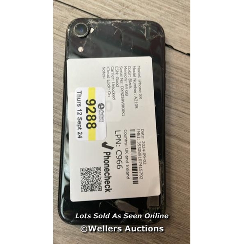 9288 - APPLE IPHONE XR / A2105 / 64GB / I-CLOUD LOCKED / SERIAL NO. DX4Z59V9KXK1 / SEE IMAGES / DAMAGED REA... 