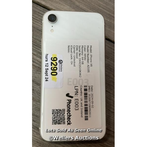 9290 - APPLE IPHONE XR / A2105 / 64GB / I-CLOUD LOCKED / SERIAL NO. DX4Z2G10KXK2 / SEE IMAGES