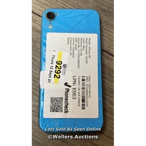 9292 - APPLE IPHONE XR / A2105 / 64GB / I-CLOUD LOCKED / SERIAL NO. F17XM1WEKXK7 / SEE IMAGES / DAMAGED REA... 