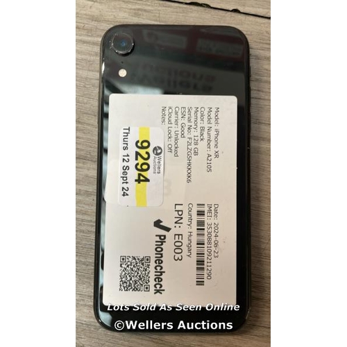 9294 - APPLE IPHONE XR / A2105 / 128GB / I-CLOUD UNLOCKED / SERIAL NO. F2LZG5HKKXK6 / SEE IMAGES