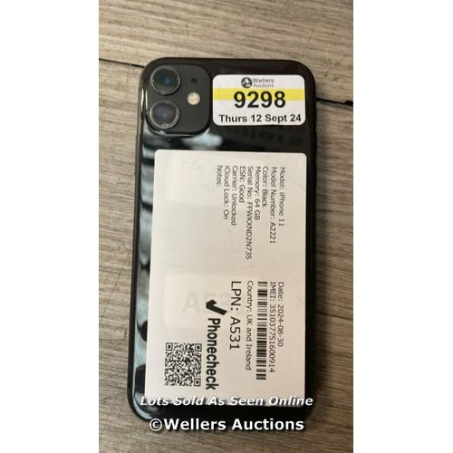 9298 - APPLE IPHONE 11 / A2221 / 64GB / I-CLOUD LOCKED / SERIAL NO. FFWKXND2N735 / SEE IMAGES