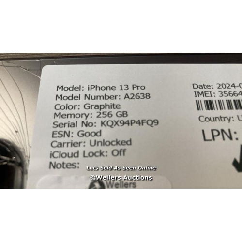 9302 - APPLE IPHONE 13 PRO / A2638 / 256GB / I-CLOUD UNLOCKED / SERIAL NO. KQX94P4FQ9 / SEE IMAGES