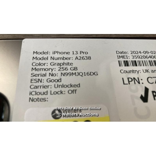 9303 - APPLE IPHONE 13 PRO / A2638 / 256GB / I-CLOUD UNLOCKED / SERIAL NO. N99MJQ16DG / SEE IMAGES