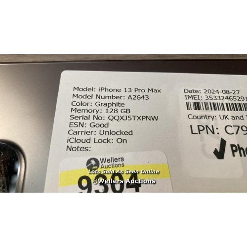 9304 - APPLE IPHONE 13 PRO MAX / A2643 / 128GB / I-CLOUD LOCKED / SERIAL NO. QQXJ5TXPNW / SEE IMAGES / DAMA... 