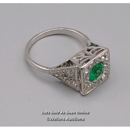 311 - Antique ring of Art Deco design, the central cushion cut emerald surrounded by old cut diamonds pave... 