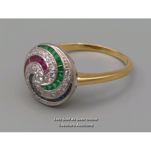 312 - Diamond, sapphire, ruby and emerald swirl design cluster ring, hallmarks for 18ct gold, 1995. Ring s... 