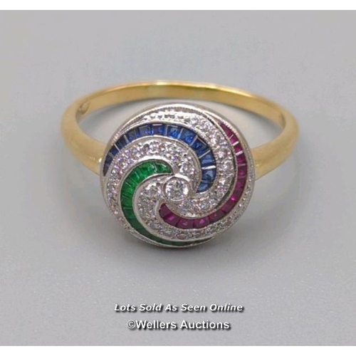 312 - Diamond, sapphire, ruby and emerald swirl design cluster ring, hallmarks for 18ct gold, 1995. Ring s... 