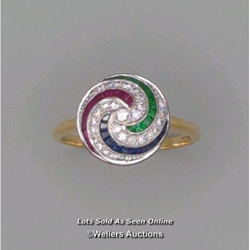 312 - Diamond, sapphire, ruby and emerald swirl design cluster ring, hallmarks for 18ct gold, 1995. Ring s... 