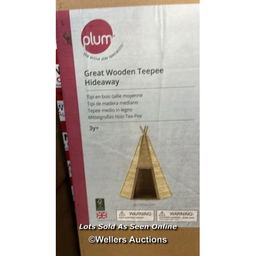 411 - PLUM GREAT WOODEN TEEPEE / APPEARS TO BE BRAND NEW / TWO BOXES / G99