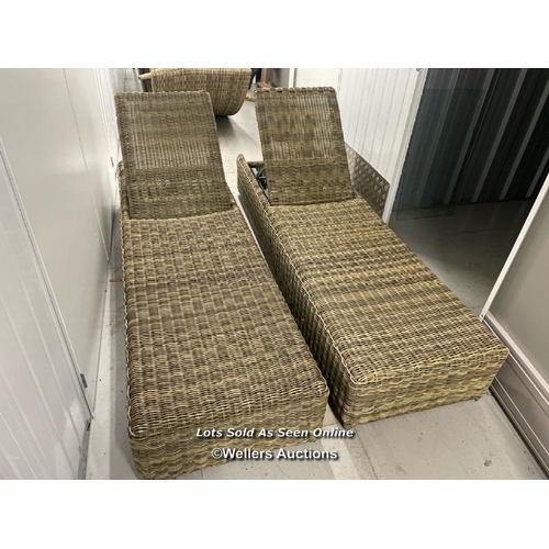 103 - Pair of adjustable wicker sun loungers, 210cm long / container no: s212 / titan storage solutions, o... 