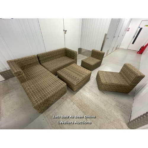 104 - Five piece outdoor rattan suite, without cushions, l section measurements 64cm h x 210cm w x 157cm d... 