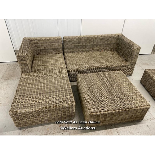 104 - Five piece outdoor rattan suite, without cushions, l section measurements 64cm h x 210cm w x 157cm d... 