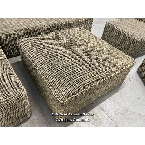 104 - Five piece outdoor rattan suite, without cushions, l section measurements 64cm h x 210cm w x 157cm d... 