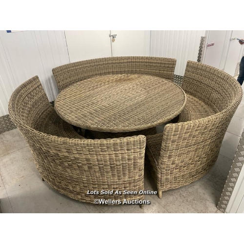 107 - Huge four piece outdoor rattan furniture suite, table measures 78cm h x 180cm dia, benches 95cm h x ... 