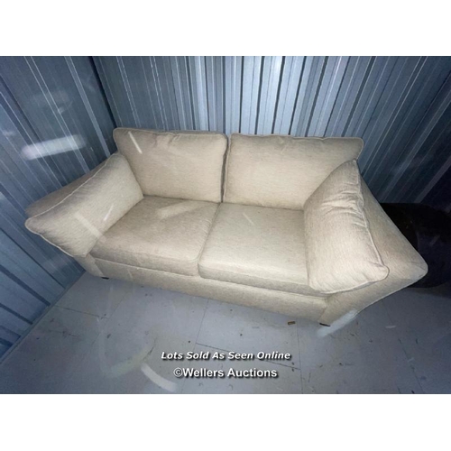 110 - Two seater upholstered cream colored sofa, cushions will need a clean, 95cm h x 180cm w x 100cm d / ... 