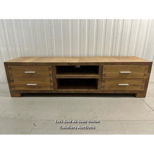 14 - Modern oak media cabinet with four drawers and two compartments, 48cm h x 178cm w x 46cm d / titan s... 