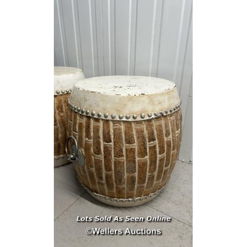 22 - Pair of drums, decorative, 48cm h x 48cm w / titan storage solutions, orchard business park, forsyth... 