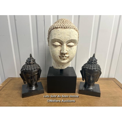 26 - Three ornamental buddhas, largest 38cm h / container no: s207 / titan storage solutions, orchard bus... 