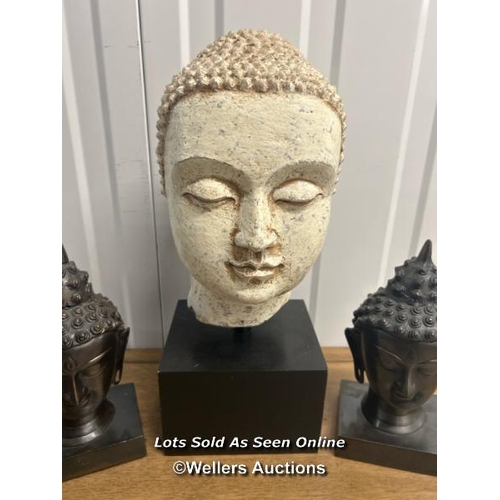 26 - Three ornamental buddhas, largest 38cm h / container no: s207 / titan storage solutions, orchard bus... 