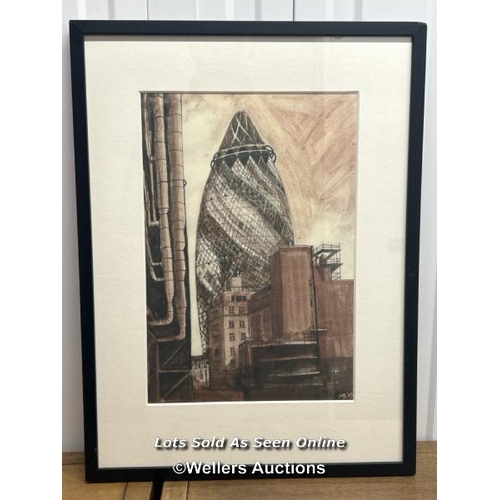 39 - Framed and glazed print of the gherkin, london, 48cm h x 43cm w / container no: s207 / titan storage... 