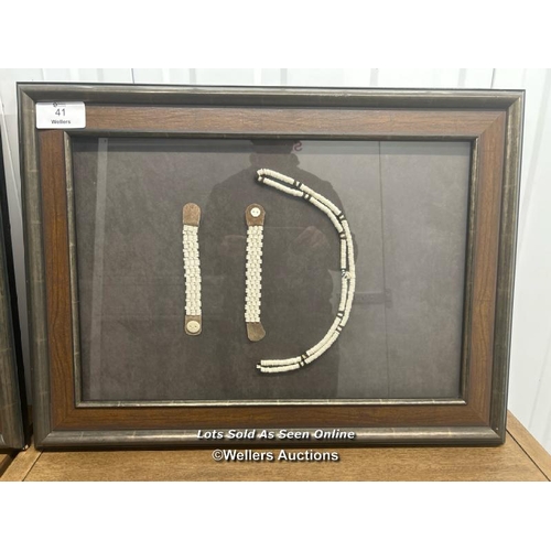 41 - Two framed and glazed traditional african bracelets and  necklaces, 52cm h x 68cm w / container no: ... 