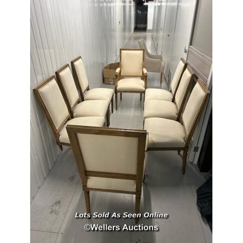 54 - Set of eight modern dining chairs, one with damaged leg, will require restoration, carver chairs 100... 