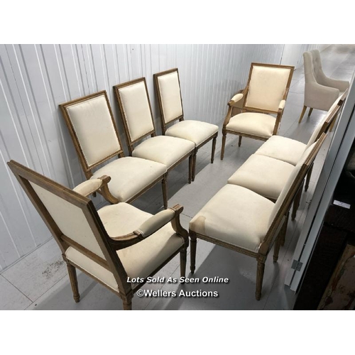 54 - Set of eight modern dining chairs, one with damaged leg, will require restoration, carver chairs 100... 