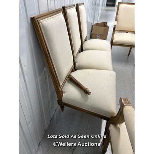 54 - Set of eight modern dining chairs, one with damaged leg, will require restoration, carver chairs 100... 