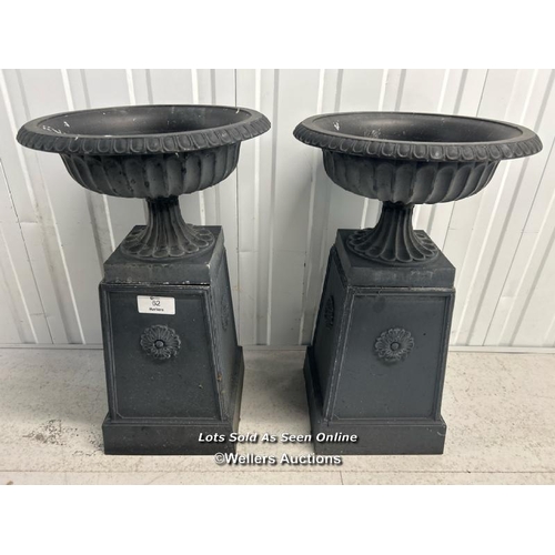 62 - Pair of metal urns on plinths, tops are detachable, 84cm h x 38cm dia / container no: s207 / titan s... 