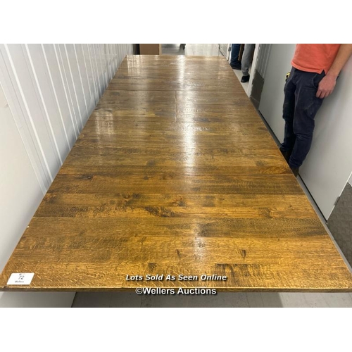 72 - Large extendable oak dining table, 80cm h x 250cm long at full extension x 100cm wide / container no... 