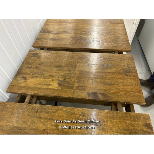 72 - Large extendable oak dining table, 80cm h x 250cm long at full extension x 100cm wide / container no... 