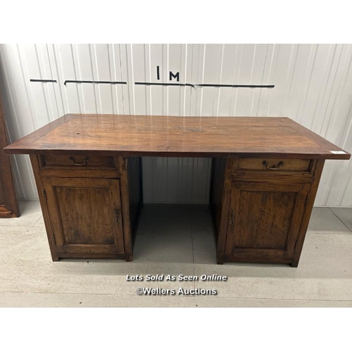 85 - Large oak desk, front support damaged and requires restoration, 79cm h x 165cm w x 80cm d / containe... 