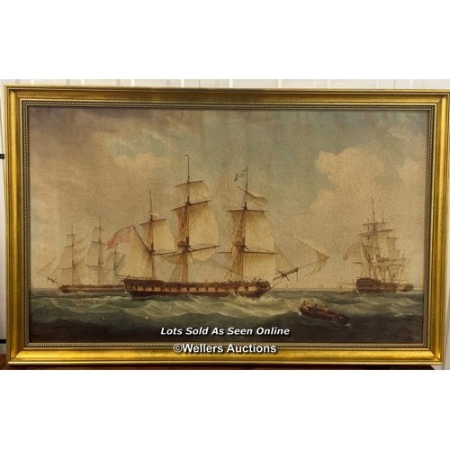 91 - Canvas print of a fleet of ships, unsigned, frame size 69cm h x 120cm w / container no: s210 / titan... 